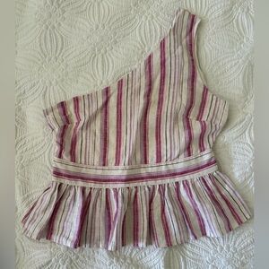 Mi Ami One-Shoulder Tank Top - Pink and White striped; Size M